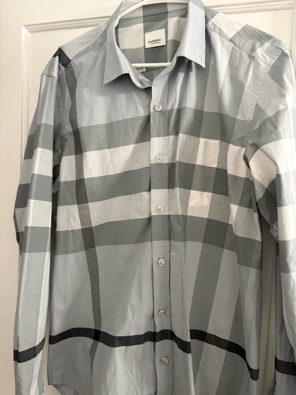 Burberry Light Gray and White Large Check Dress Shirt